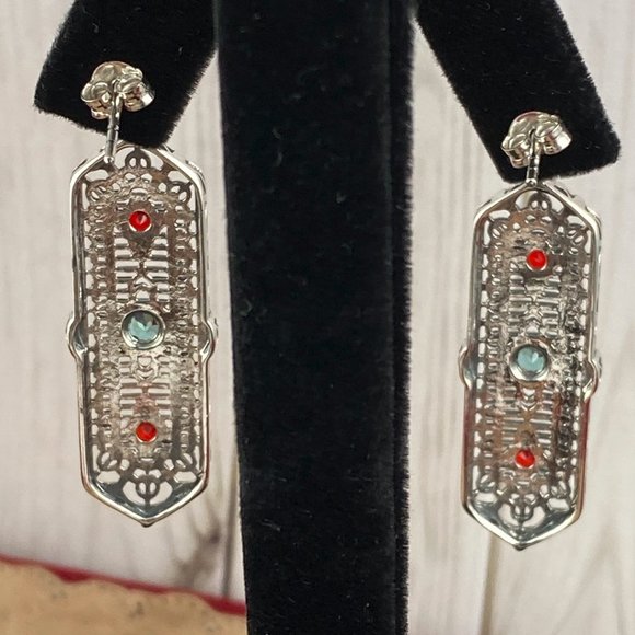 Natural 1CT TW Apatite & Fire Garnet 925 Silver Art Nouveau Filigree Earrings - Picture 4 of 6
